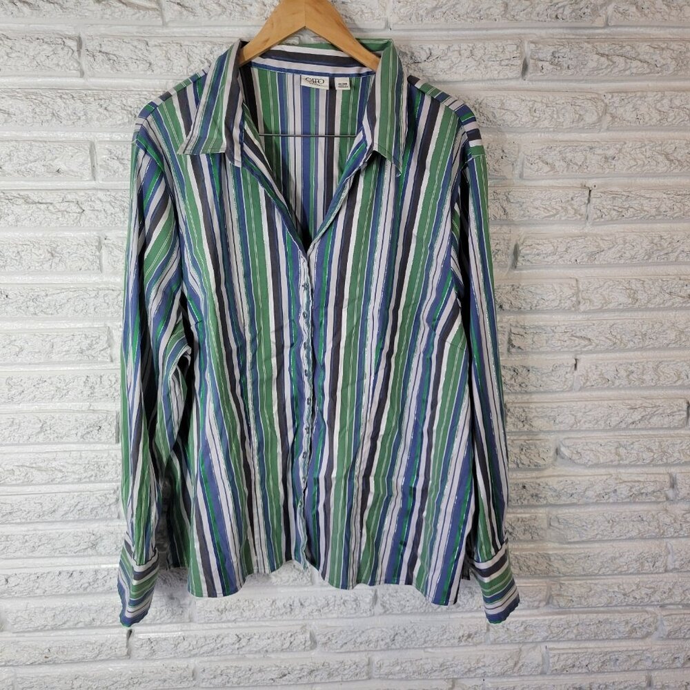 Cato Womens Top 26W 28W Plus Green Stripe Collar Lightweight Metallic STR17E